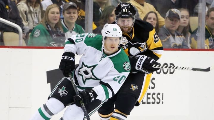 Dec 1, 2016; Pittsburgh, PA, USA; Dallas Stars center Cody Eakin (20) skates away from Pittsburgh Penguins right wing Phil Kessel (81) during the first period at the PPG PAINTS Arena. Mandatory Credit: Charles LeClaire-USA TODAY Sports