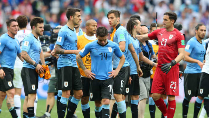 NIZHNY NOVGOROD, RUSSIA - JULY 06: Lucas Torreira of Uruguay looks dejected following his sides defeat in the 2018 FIFA World Cup Russia Quarter Final match between Uruguay and France at Nizhny Novgorod Stadium on July 6, 2018 in Nizhny Novgorod, Russia. (Photo by Alex Livesey/Getty Images)