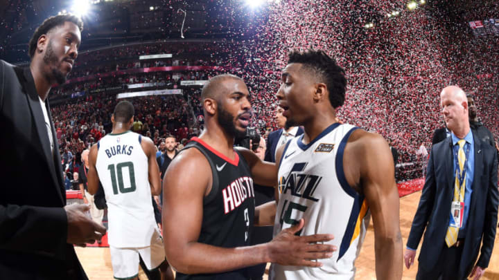 HOUSTON, TX - MAY 8: Chris Paul #3 of the Houston Rockets and Donovan Mitchell #45 of the Utah Jazz hug after the game during Game Five of the Western Conference Semifinals of the 2018 NBA Playoffs on May 8, 2018 at the Toyota Center in Houston, Texas. NOTE TO USER: User expressly acknowledges and agrees that, by downloading and or using this photograph, User is consenting to the terms and conditions of the Getty Images License Agreement. Mandatory Copyright Notice: Copyright 2018 NBAE (Photo by Andrew D. Bernstein/NBAE via Getty Images)