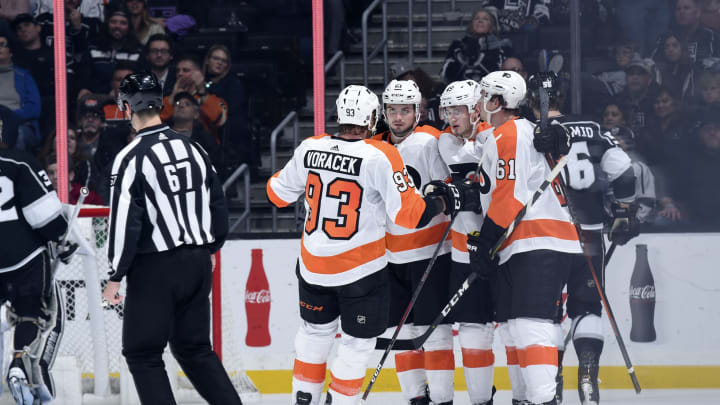 LOS ANGELES, CA – DECEMBER 31: Philadelphia Flyers celebrate a goal during the third period against the Los Angeles Kings at STAPLES Center on December 31, 2019 in Los Angeles, California. (Photo by Juan Ocampo/NHLI via Getty Images)