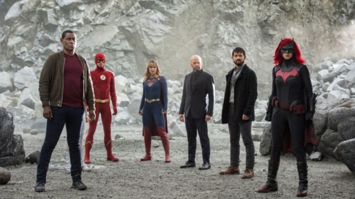 Arrow -- "Crisis on Infinite Earths: Part Four" -- Image Number: AR808A_0195r.jpg -- Pictured (L-R): David Harewood as Hank Henshaw/J'onn J'onzz, Grant Gustin as The Flash, Melissa Benoist as Kara/Supergirl, Jon Cryer as Lex Luthor, Osric Chau as Ryan Choi and Ruby Rose as Kate Kane/Batwoman -- Photo: Dean Buscher/The CW -- © 2019 The CW Network, LLC. All Rights Reserved.