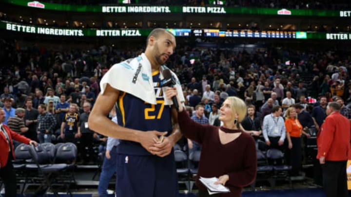 SALT LAKE CITY, UT – MARCH 5: Rudy Gobert #27 of the Utah Jazz talks with the media after the game against the Orlando Magic on March 5, 2018 at vivint.SmartHome Arena in Salt Lake City, Utah. NOTE TO USER: User expressly acknowledges and agrees that, by downloading and or using this Photograph, User is consenting to the terms and conditions of the Getty Images License Agreement. Mandatory Copyright Notice: Copyright 2018 NBAE (Photo by Melissa Majchrzak/NBAE via Getty Images)