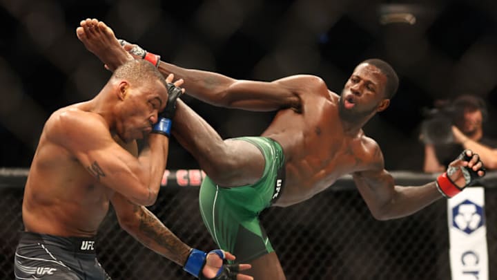 May 7, 2022; Phoenix, Arizona, USA; Randy Brown moves in with a kick against Khaos Williams during UFC 274 at Footprint Center. Mandatory Credit: Mark J. Rebilas-USA TODAY Sports