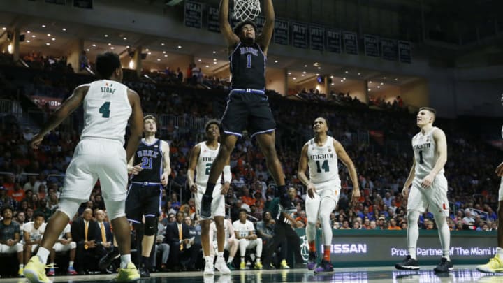MIAMI, FLORIDA - JANUARY 04: Vernon Carey Jr. #1 of the Duke Blue Devils dunks against the Miami Hurricanes during the first half at the Watsco Center on January 04, 2020 in Miami, Florida. (Photo by Michael Reaves/Getty Images)