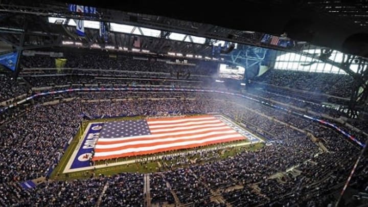 Nov. 04, 2012; Indianapolis, IN, USA; A general view during the playing of the national anthem before the game between the Miami Dolphins and Indianapolis Colts at Lucas Oil Stadium. Mandatory Credit: Thomas J. Russo-USA TODAY Sports