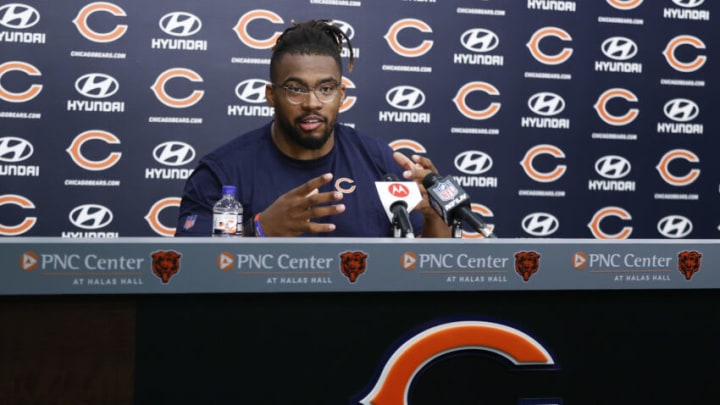 May 7, 2022; Lake Forest, IL, USA; Chicago Bears offensive tackle Braxton Jones speaks at a news conference during team's rookie minicamp at Halas Hall. Mandatory Credit: Kamil Krzaczynski-USA TODAY Sports