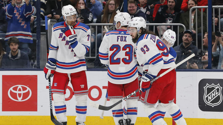 Jan 16, 2023; Columbus, Ohio, USA; New York Rangers center Mika Zibanejad (93) celebrates his goal against the Columbus Blue Jackets during the first period at Nationwide Arena. Mandatory Credit: Russell LaBounty-USA TODAY Sports