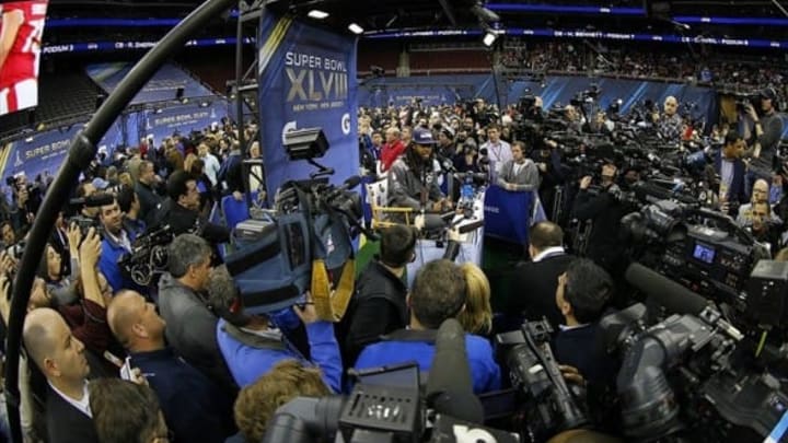 Jan 28, 2014; Newark, NJ, USA; Seattle Seahawks cornerback Richard Sherman (25) speaks to the media during Media Day for Super Bowl XLVIII at Prudential Center. Mandatory Credit: Adam Hunger-USA TODAY Sports