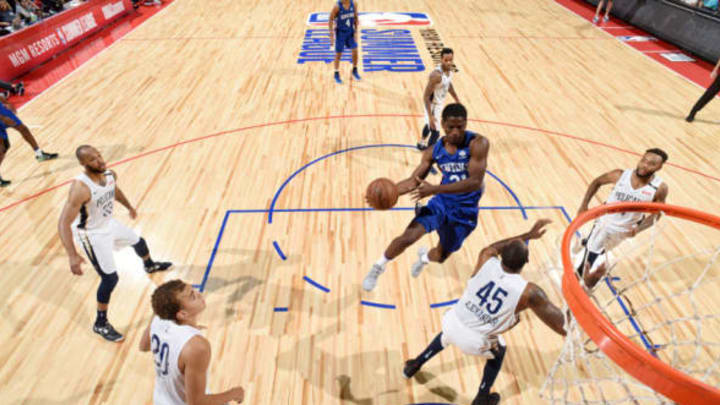 LAS VEGAS, NV – JULY 13: Damyean Dotson of the New York Knicks drives to the basket during the game against the New Orleans Pelicans during the 2018 Las Vegas Summer League on July 13, 2018 at the Thomas & Mack Center in Las Vegas, Nevada. Copyright 2018 NBAE (Photo by Garrett Ellwood/NBAE via Getty Images)