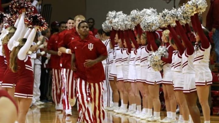 Nov 4, 2013; Bloomington, IN, USA; Indiana Hoosiers guard Yogi Ferrell (11) leads the team on to the court before the game against the Hillsdale Chargers at Assembly Hall. Mandatory Credit: Pat Lovell-USA TODAY Sports