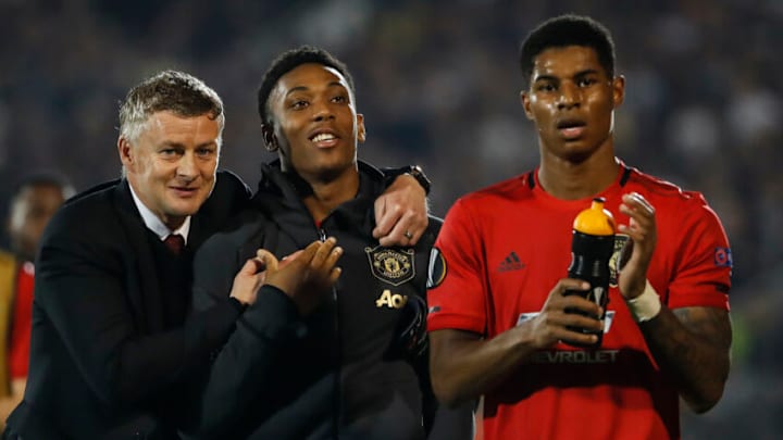 BELGRADE, SERBIA - OCTOBER 24: manager Ole Gunnar Solskjaer (L) of Manchester United celebrate with Anthony Martial (C) and Marcus Rashford (R) after the UEFA Europa League group L match between Partizan and Manchester United at Partizan Stadium on October 24, 2019 in Belgrade, Serbia. (Photo by Srdjan Stevanovic/Getty Images)