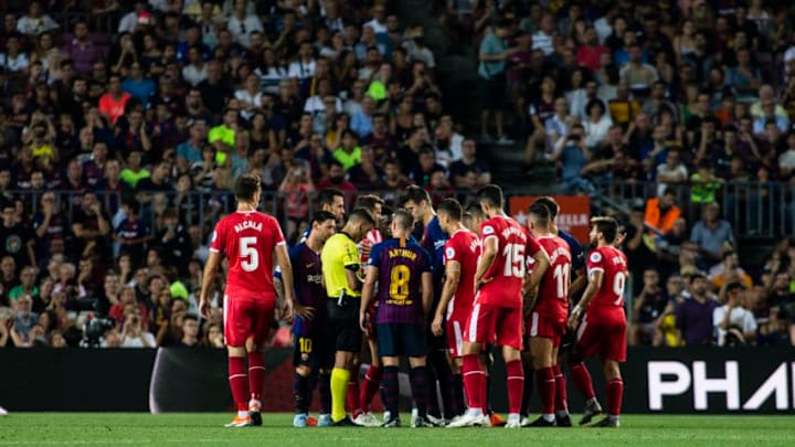 Red card for Clement Lenglet of FC Barcelona after VAR chekcing during the La Liga game between FC Barcelona against Girona in Camp Nou Stadium at Barcelona, on 23 of September of 2018, Spain. (Photo by Xavier Bonilla/NurPhoto via Getty Images)