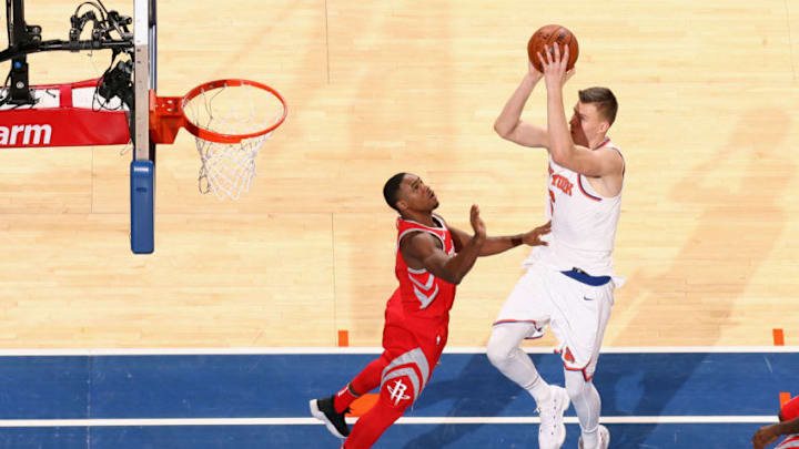 NEW YORK, NY - NOVEMBER 1: Kristaps Porzingis #6 of the New York Knicks goes to the basket against the Houston Rockets on November 1, 2017 at Madison Square Garden in New York City, New York. Copyright 2017 NBAE (Photo by Nathaniel S. Butler/NBAE via Getty Images)