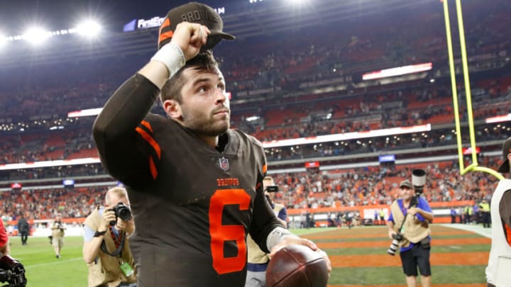 CLEVELAND, OH - SEPTEMBER 20: Baker Mayfield #6 of the Cleveland Browns runs off the field after a 21-17 win over the New York Jets at FirstEnergy Stadium on September 20, 2018 in Cleveland, Ohio. (Photo by Joe Robbins/Getty Images)