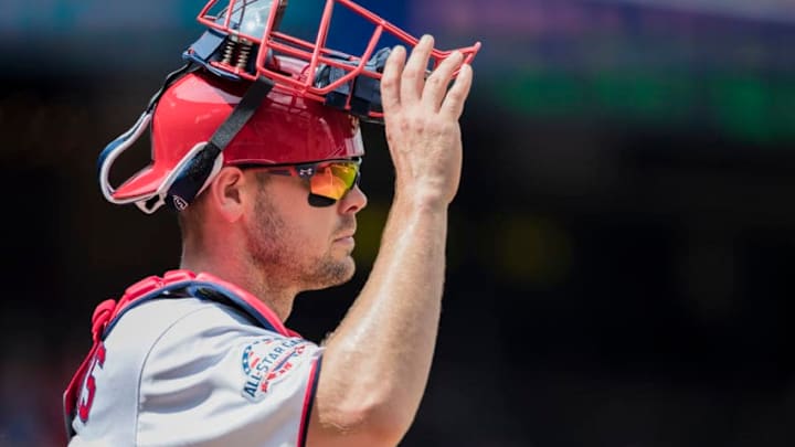 WASHINGTON, DC - AUGUST 19: Matt Wieters #32 of the Washington Nationals looks on against the Miami Marlins during the third inning at Nationals Park on August 19, 2018 in Washington, DC. (Photo by Scott Taetsch/Getty Images)