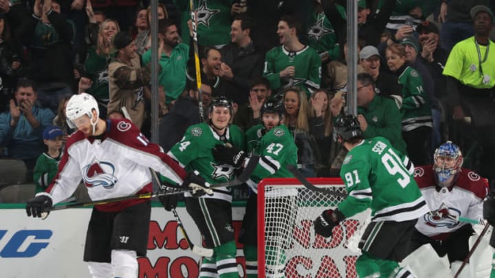 DALLAS, TX - MARCH 7: Alexander Radulov #47 and Roope Hintz #24 of the Dallas Stars celebrate a goal against the Colorado Avalanche at the American Airlines Center on March 7, 2019 in Dallas, Texas. (Photo by Glenn James/NHLI via Getty Images)
