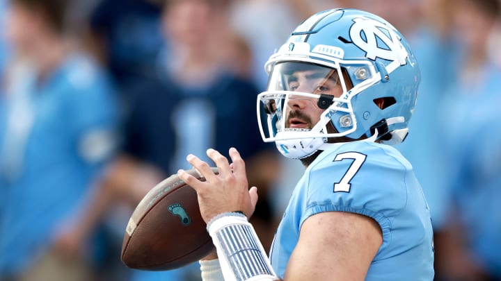 CHAPEL HILL, NORTH CAROLINA – SEPTEMBER 11: Sam Howell #7 of the North Carolina Tar Heels warms up before a game against the Georgia State Panthers at Kenan Memorial Stadium on September 11, 2021 in Chapel Hill, North Carolina. (Photo by Grant Halverson/Getty Images)