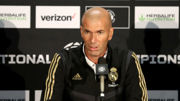 LANDOVER, MARYLAND - JULY 23: Head coach Zinedine Zidane of Real Madrid speaks to the media following the 2019 International Champions Cup match against Arsenal at FedExField on July 23, 2019 in Landover, Maryland. (Photo by Rob Carr/International Champions Cup via Getty Images)
