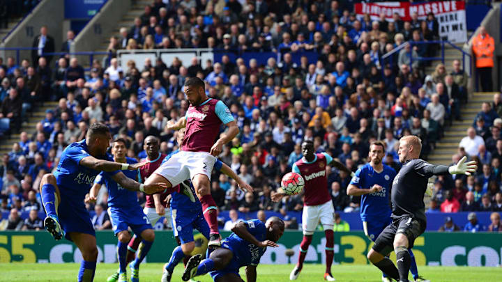 LEICESTER, ENGLAND - APRIL 17: Winston Reid of West Ham United shoots goalwards during the Barclays Premier League match between Leicester City and West Ham United at The King Power Stadium on April 17, 2016 in Leicester, England. (Photo by Dan Mullan/Getty Images)