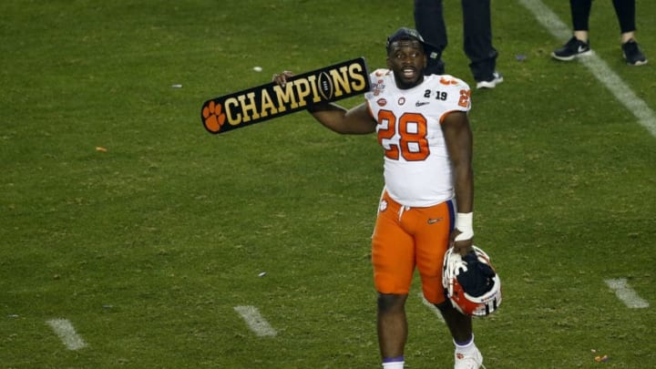 SANTA CLARA, CALIFORNIA - JANUARY 07: Tavien Feaster #28 of the Clemson Tigers celebrates after defeating the against the Alabama Crimson Tide in the College Football Playoff National Championship at Levi's Stadium on January 07, 2019 in Santa Clara, California. The Clemson Tigers defeated the Alabama Crimson Tide with a score of 44 to 16. (Photo by Lachlan Cunningham/Getty Images)