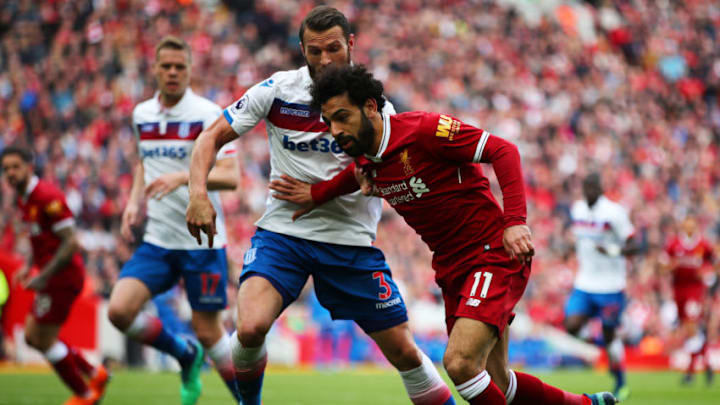 LIVERPOOL, ENGLAND - APRIL 28: Mohamed Salah of Liverpool in action during the Premier League match between Liverpool and Stoke City at Anfield on April 28, 2018 in Liverpool, England. (Photo by Clive Brunskill/Getty Images)
