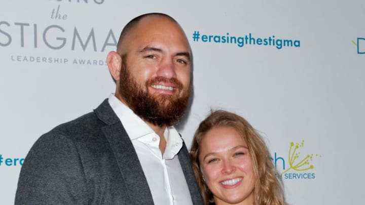 BEVERLY HILLS, CA - APRIL 28: (L-R) Travis Browne and Ronda Rousey attend the 20th anniversary of 'Erasing The Stigma Leadership Awards' at The Beverly Hilton Hotel on April 28, 2016 in Beverly Hills, California. (Photo by Tibrina Hobson/Getty Images)