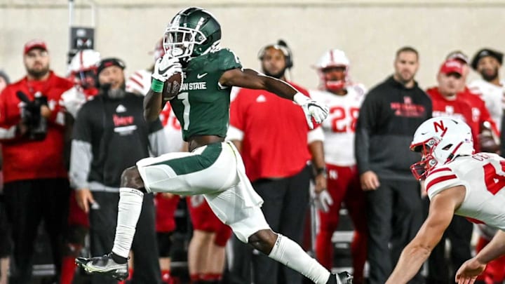 Michigan State’s Jayden Reed returns a punt for a touchdown against Nebraska during the fourth quarter on Saturday, Sept. 25, 2021, at Spartan Stadium in East Lansing.210925 Msu Nebraska 227a