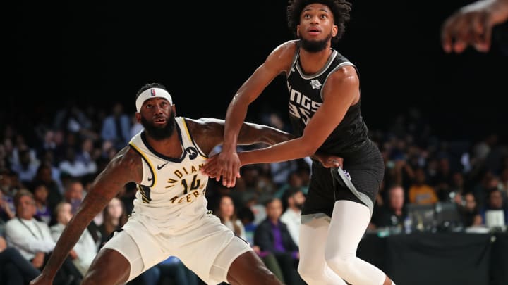 MUMBAI, INDIA – OCTOBER 5: JaKarr Sampson #14 of the Indiana Pacers plays defense against Marvin Bagley III #35 of the Sacramento Kings on October 5, 2019 at NSCI Dome in Mumbai, India. NOTE TO USER: User expressly acknowledges and agrees that, by downloading and or using this photograph, User is consenting to the terms and conditions of the Getty Images License Agreement. Mandatory Copyright Notice: Copyright 2019 NBAE (Photo by Joe Murphy/NBAE via Getty Images)