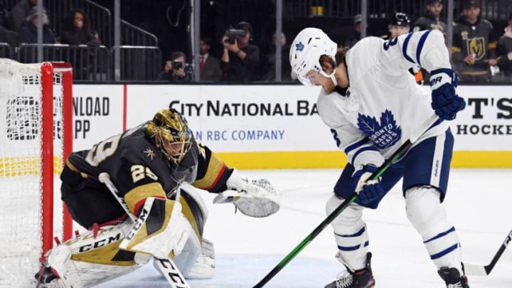 Marc-Andre Fleury #29 of the Vegas Golden Knights makes a save against William Nylander #88 of the Toronto Maple Leafs in the third period of their game at T-Mobile Arena. (Photo by Ethan Miller/Getty Images)