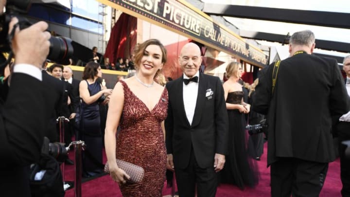 March 4, 2018; Hollywood, CA, USA; Sunny Ozell (L) and Sir Patrick Stewart arrive at the 90th Academy Awards at Dolby Theatre. Mandatory Credit: Robert Hanashiro-USA TODAY NETWORK