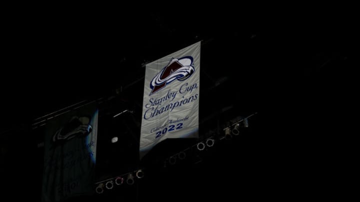Oct 12, 2022; Denver, Colorado, USA; The Colorado Avalanche 2022 Stanley Cup banner is hoisted up into Ball Arena before the game against the Chicago Blackhawks. Mandatory Credit: Ron Chenoy-USA TODAY Sports