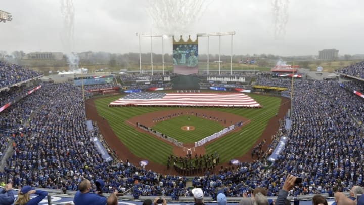 Apr 6, 2015; Kansas City, MO, USA; A general overall view of the stadium with opening day activities before the game between the Kansas City Royals and Chicago White Sox at Kauffman Stadium. Mandatory Credit: Denny Medley-USA TODAY Sports