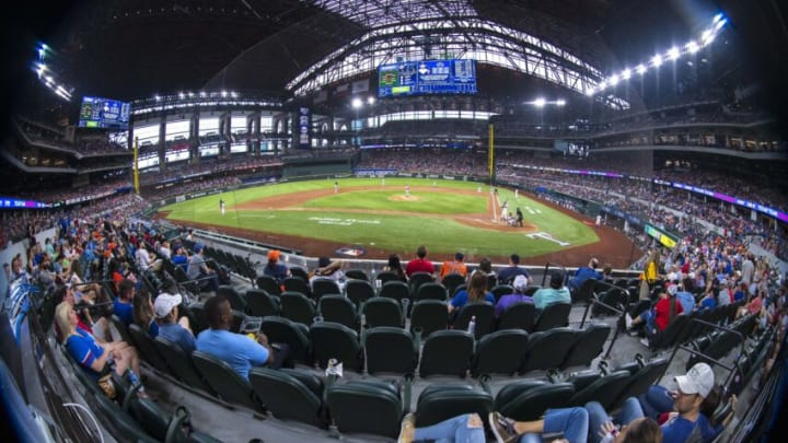 May 22, 2021; Arlington, Texas, USA; A view of the ball park as Houston Astros starting pitcher Lance McCullers Jr. (43) pitches to Texas Rangers right fielder Joey Gallo (13) during the third inning at Globe Life Field. Mandatory Credit: Jerome Miron-USA TODAY Sports