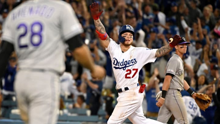 LOS ANGELES, CA - JUNE 22: Alex Verdugo #27 of the Los Angeles Dodgers reacts after hitting the game winning home run to defeat the Colorado Rockies 5-4 in eleven innings of a MLB baseball game at Dodger Stadium on Saturday, June 22, 2019 in Los Angeles, California. (Photo by Keith Birmingham/MediaNews Group/Pasadena Star-News via Getty Images)