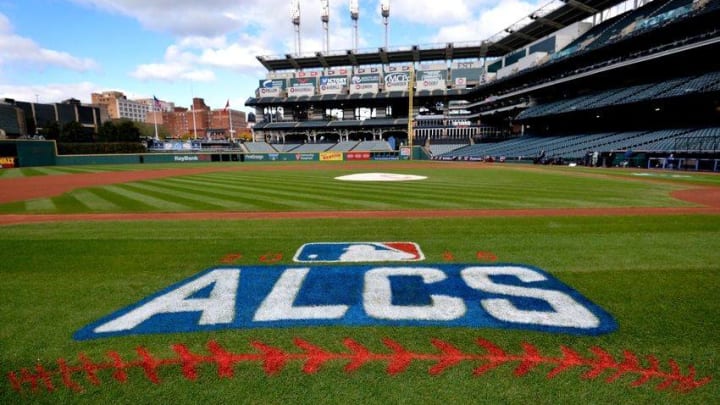 Oct 13, 2016; Cleveland, OH, USA; General view of the ALCS logo on the field one day prior to game one of the ALCS between the Toronto Blue Jays and Cleveland Indians at Progressive Field. Mandatory Credit: Ken Blaze-USA TODAY Sports