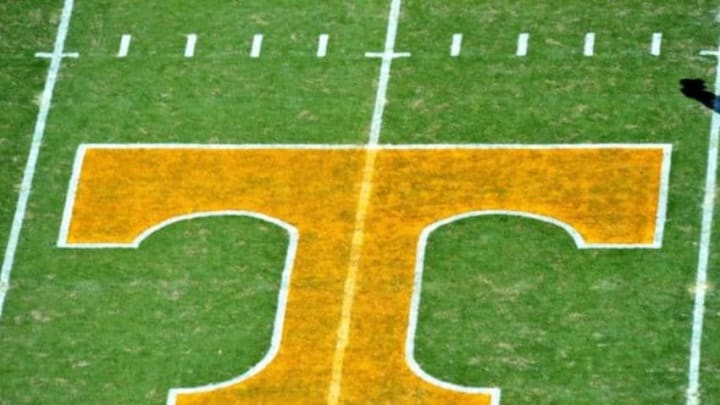 Nov 10, 2012; Knoxville, TN, USA; A general view of the Tennessee Volunteers logo on the field prior to the game against the Missouri Tigers at Neyland Stadium. Missouri defeated Tennessee 51-48 in quadruple overtime. Mandatory Credit: Jim Brown-USA TODAY Sports