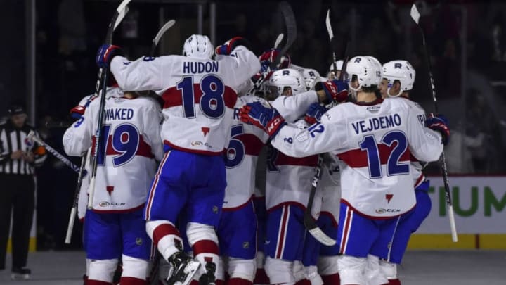 LAVAL, QC - DECEMBER 10: The Laval Rocket celebrate a victory against the Cleveland Monsters at Place Bell on December 10, 2019 in Laval, Canada. The Laval Rocket defeated the Cleveland Monsters 3-2 in a shootout. (Photo by Minas Panagiotakis/Getty Images)