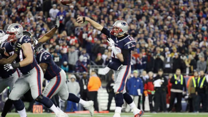 FOXBOROUGH, MA – JANUARY 21: Tom Brady #12 of the New England Patriots throws in the fourth quarter during the AFC Championship Game against the Jacksonville Jaguars at Gillette Stadium on January 21, 2018 in Foxborough, Massachusetts. (Photo by Maddie Meyer/Getty Images)