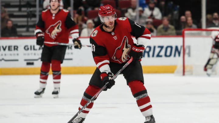 GLENDALE, AZ - FEBRUARY 04: Arizona Coyotes right wing Vinnie Hinostroza (13) looks to pass during the NHL hockey game between the Edmonton Oilers and the Arizona Coyotes on February 4, 2020 at Gila River Arena in Glendale, Arizona. (Photo by Kevin Abele/Icon Sportswire via Getty Images)