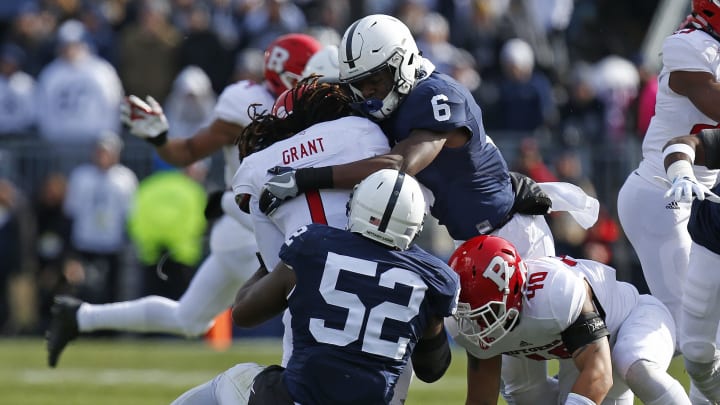 STATE COLLEGE, PA – NOVEMBER 11: Cam Brown #6 of the Penn State Nittany Lions tackles Janarion Grant #1 of the Rutgers Scarlet Knights at Beaver Stadium on November 11, 2017 in State College, Pennsylvania. (Photo by Justin K. Aller/Getty Images)