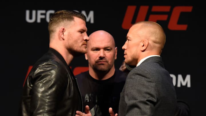 LAS VEGAS, NV - MARCH 03: (L-R) UFC middleweight champion Michael Bisping of England faces off against Georges St-Pierre of Canada during the UFC press conference at T-Mobile arena on March 3, 2017 in Las Vegas, Nevada. (Photo by Josh Hedges/Zuffa LLC/Zuffa LLC via Getty Images)