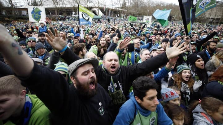 Dec 13, 2016; Seattle, WA, USA; Seattle Sounders FC fans cheer during the MLS Cup championship rally at Seattle Center. Mandatory Credit: Joe Nicholson-USA TODAY Sports