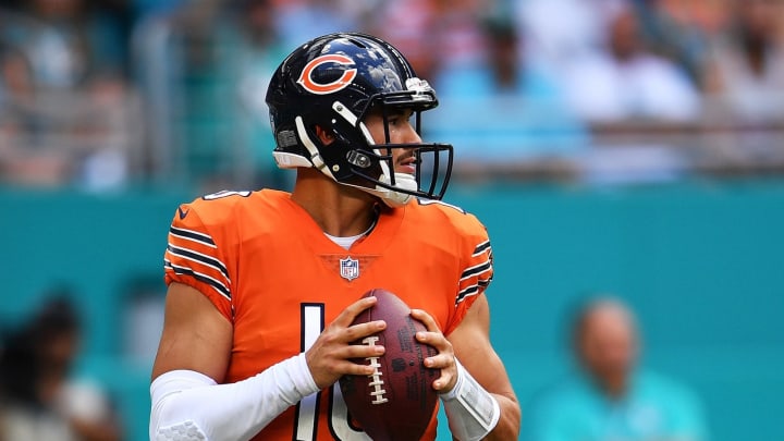 MIAMI, FL – OCTOBER 14: Mitchell Trubisky #10 of the Chicago Bears looks to pass against the Miami Dolphins in the first quarter of the game at Hard Rock Stadium on October 14, 2018 in Miami, Florida. (Photo by Mark Brown/Getty Images)