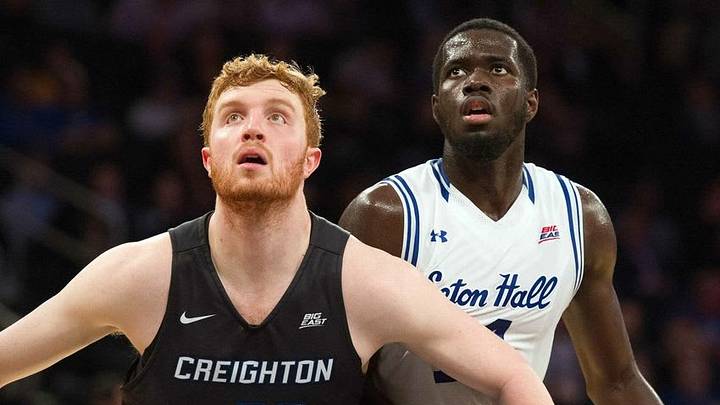 Mar 10, 2016; New York, NY, USA; Creighton Bluejays center Geoffrey Groselle (41) guards Seton Hall Pirates guard Ismael Sanogo (14) in the second half during the Big East conference tournament at Madison Square Garden. Seton Hall Defeats Creighton 81-73. Mandatory Credit: William Hauser-USA TODAY Sports