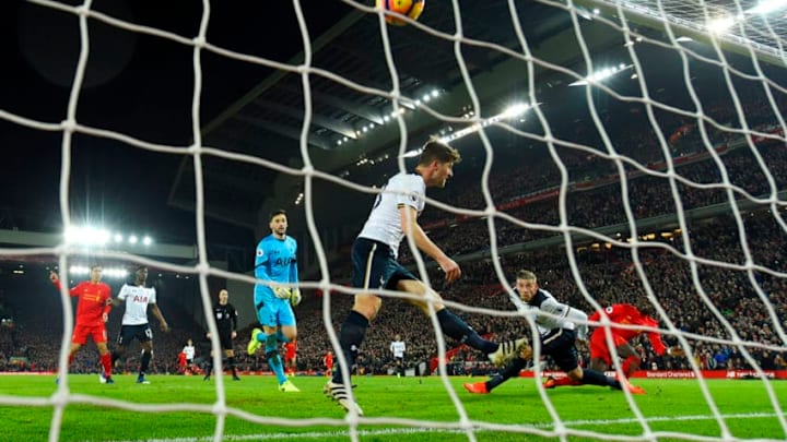 LIVERPOOL, ENGLAND - FEBRUARY 11: Sadio Mane (1st R) of Liverpool scores his side's second goal during the Premier League match between Liverpool and Tottenham Hotspur at Anfield on February 11, 2017 in Liverpool, England. (Photo by Mike Hewitt/Getty Images for Tottenham Hotspur FC)