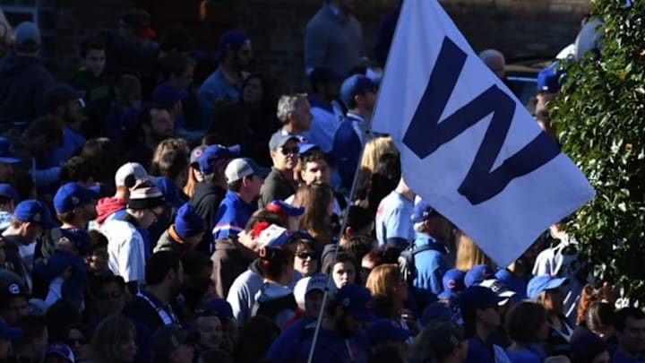 Nov 4, 2016; Chicago, IL, USA; Chicago Cubs celebrate during their World Series parade outside of Wrigley Field on Addison Street. Mandatory Credit: Patrick Gorski-USA TODAY Sports