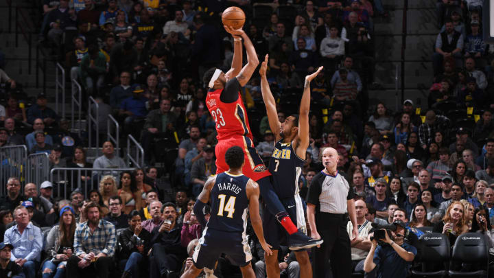 DENVER, CO – DECEMBER 15: Anthony Davis #23 of the New Orleans Pelicans shoots the ball against the Denver Nuggets on December 15, 2017 at the Pepsi Center in Denver, Colorado. NOTE TO USER: User expressly acknowledges and agrees that, by downloading and/or using this Photograph, user is consenting to the terms and conditions of the Getty Images License Agreement. Mandatory Copyright Notice: Copyright 2017 NBAE (Photo by Garrett Ellwood/NBAE via Getty Images)