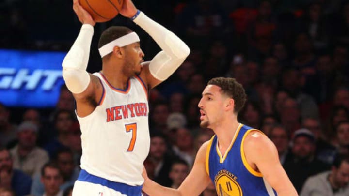 Jan 31, 2016; New York, NY, USA; New York Knicks small forward Carmelo Anthony (7) controls the ball in front of Golden State Warriors shooting guard Klay Thompson (11) during the first quarter at Madison Square Garden. Mandatory Credit: Brad Penner-USA TODAY Sports