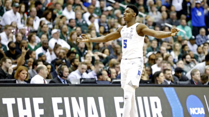 Mar 31, 2019; Washington, DC, USA; Duke Blue Devils forward RJ Barrett (5) races after a basket during the first half against the Michigan State Spartans in the championship game of the east regional of the 2019 NCAA Tournament at Capital One Arena. Mandatory Credit: Amber Searls-USA TODAY Sports