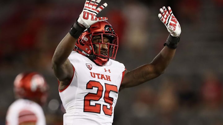 TUCSON, AZ - SEPTEMBER 22: Defensive back Casey Hughes #25 of the Utah Utes celebrates after a turnover during the final moments of the college football game against the Arizona Wildcats at Arizona Stadium on September 22, 2017 in Tucson, Arizona. The Utes defeated the Wildcats 30-24. (Photo by Christian Petersen/Getty Images)